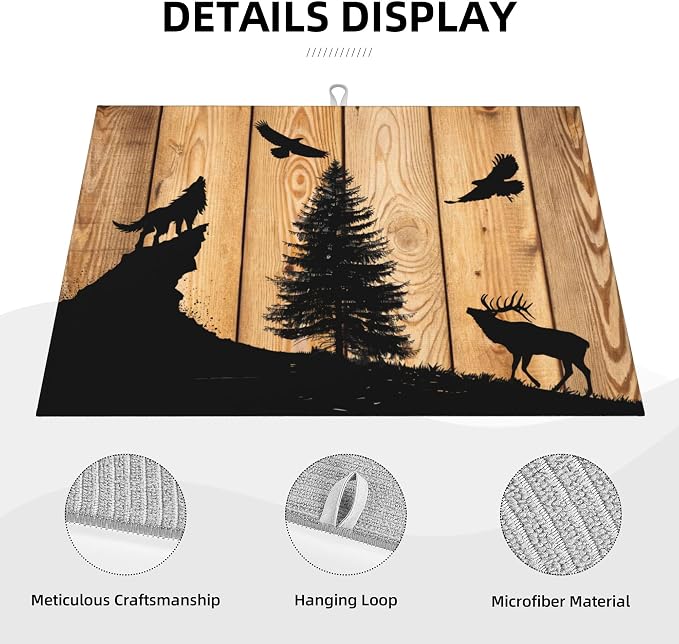 Retro Rustic Wolf Deer Forest Brown Wood Dish Drying Mat - Image 4