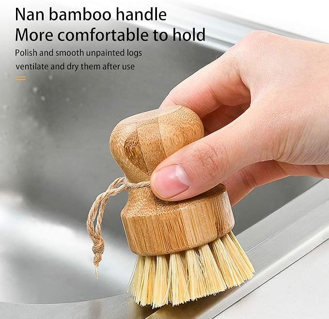 Natural Sisal Dish Washing Brush Bamboo Round Scrub Brush Pots Pans Vegetables - Image 4