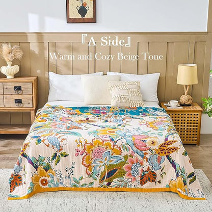 Farmhouse Throw Blanket, 80"x 90" Boho Throw Blankets for Couch Cover, 100% Cotton Bohemian Vintage Quilt for All Seasons Reversible Florals Lightweight Picnic Blankets Home Decoration