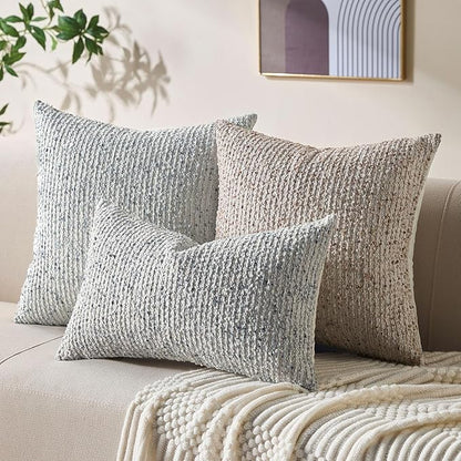 Decorative Couch Throw Pillow Covers 16x16 Blue Striped Soft Wool Pillow Covers Neutral Textured Boho Cushion Covers for Modern Farmhouse Sofa Bedroom Living Room Decor SY011-C16