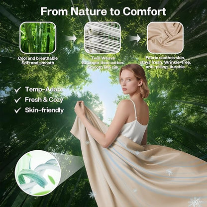 MR&HM Full Fitted Sheet Only, Ultra-Soft Rayon Derived from Bamboo & Polyester Blend, Silky & Breathable, 15" Deep Pocket with Elastic Straps, Cooling Fitted Sheet for Hot Sleepers, Beige