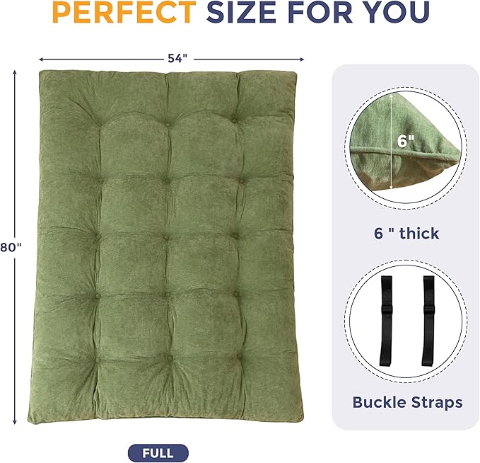 MAXYOYO Japanese Floor Mattress Full Size, 6" Foldable Futon Mattress Tufted Roll Up Floor Bed, Thick Chenille Tatami Mat Sleeping Pad for Camping Guest Room Dormitory Bedroom RV, Green