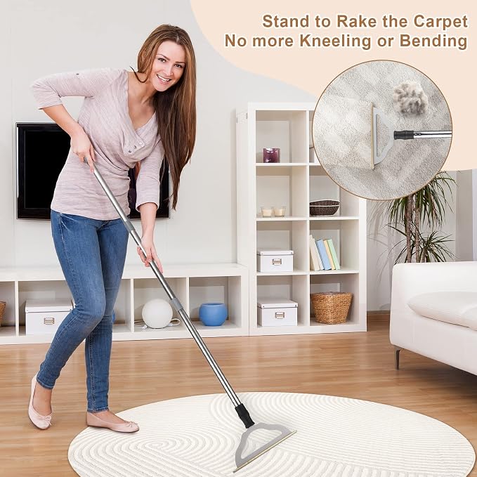 47“ Adjustable Long Handle Carpet Rake Pet Hair Remover, Reusable Large Metal - Image 2