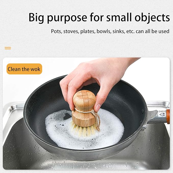 Natural Sisal Dish Washing Brush Bamboo Round Scrub Brush Pots Pans Vegetables - Image 5