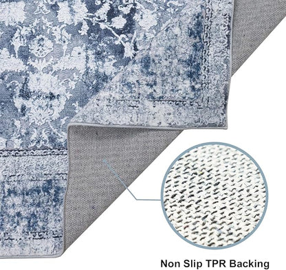 Area Rug 6×9, Large Vintage Boho Rug,Ultra-Soft Low Pile, Washable, Non Slip,Stain Resistant, Printed Carpet for Living Room Bedrooms Playroom Office Kitchen, Solid/Blue