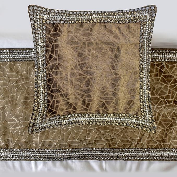 The HomeCentric King/Queen/Twin Brown Decorative Bed Runner Full 68"x18" Bed Runner with Two Pillow Cover, Border, Crystal, Cut Velvet, Mosiac Pattern Bed Scarf on Velvet Fabric - Velvet Fusion