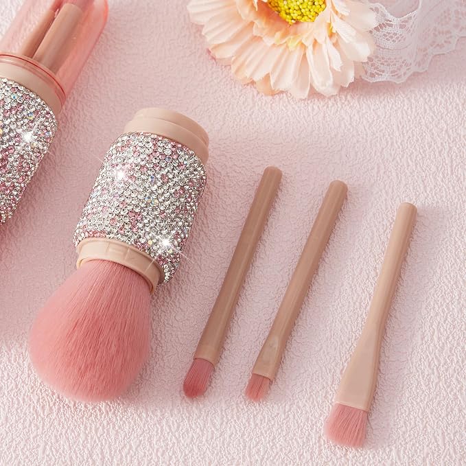 WOKOTO 4 in 1 Pink & White Diamond-Embellished Makeup Brushes - Image 5
