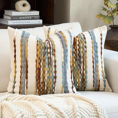 Aeckself Boho Pillow Covers 18x18 Inch Set of 2, Farmhouse Decorative Striped Square Chenille Tufted Accent Neutral Throw Pillow Covers for Living Room Couch Bed, Orange White