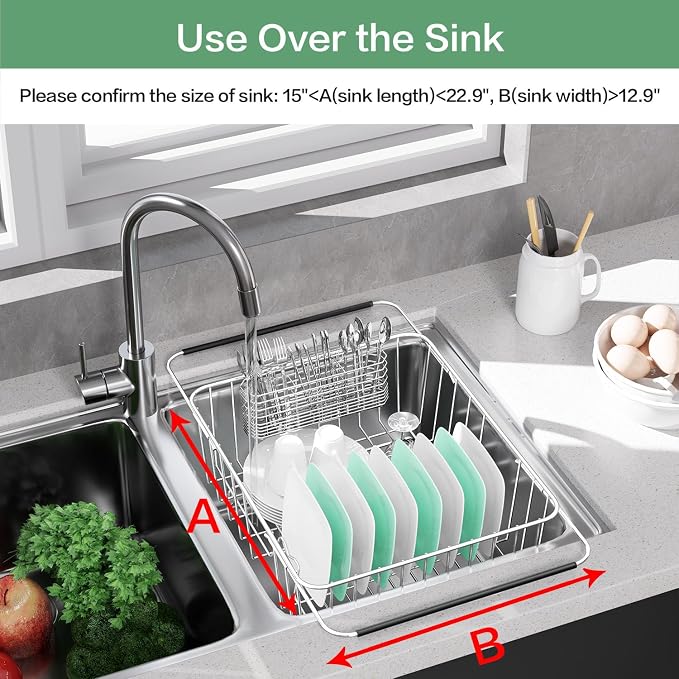 Large Dish Drainer Rack in Sink Adjustable, Expandable 304 Stainless Steel - Image 4