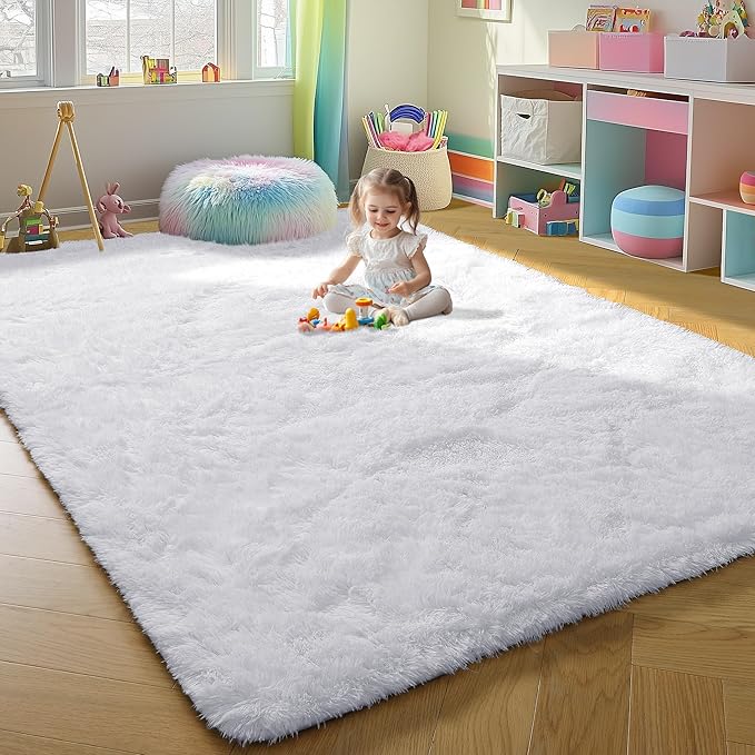 ONASAR White Area Rugs for Bedroom Fluffy, 4x6 Soft Shag Plush Bedside Rug, Living Room Indoor Floor Carpet, Washable Carpets for Nursery Kids Girls Boys Teen Baby Dorm Playroom Home Office Decor