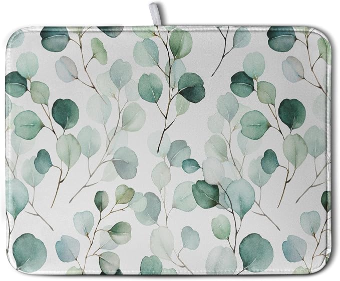 Green Leaves Dish Drying Mat Eucalyptus Leaf Branch Plant Drying Mats Absorbent by Kwlegh
