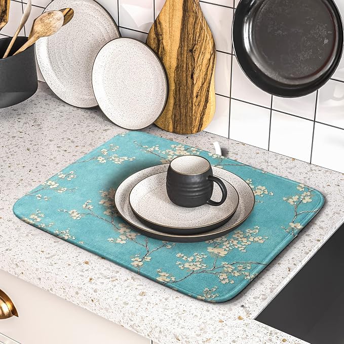 Teal Turquoise Dish Drying Mat for Kitchen Counter Spring Floral Drying Mat 16 - Image 7