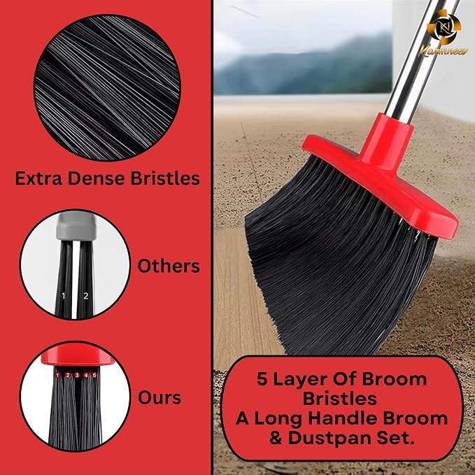 Standing Broom and Dustpan Set, Built-in Scraper Teeth, No-Slip Grip, Dust - Image 2