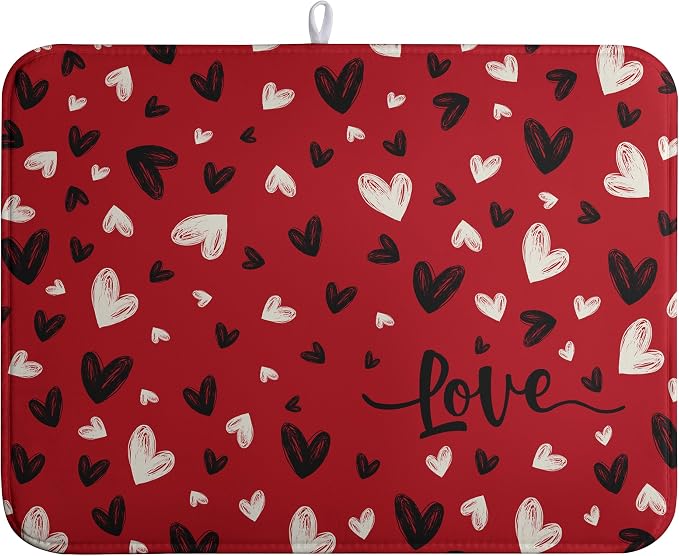 Valentines Day Dish Drying Mat Red Black Love Heart Valentine Kitchen Dish by farg