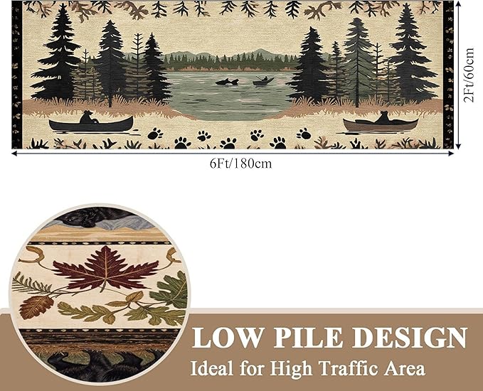 Vintage Bear Claw Fishing Boat Rug 3.3x7ft Elk Pine Forest Bohemian Carpet, Non-Slip Nursery Rug with Washable Surface, Brown Retro Floor Mat for Cabin Decor