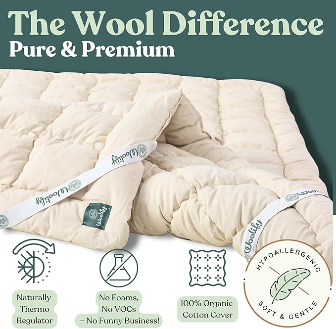 Organic Merino Wool Mattress Topper - Luxury Pillow Top Mattress Pad, Handmade, Non-Toxic, Cooling & Hypoallergenic, Natural Back Pain Relief, Sustainable Bedding (Twin XL)