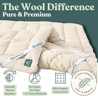 Organic Merino Wool Mattress Topper - Luxury Pillow Top Mattress Pad, Handmade, Non-Toxic, Cooling & Hypoallergenic, Natural Back Pain Relief, Sustainable Bedding (Twin XL)