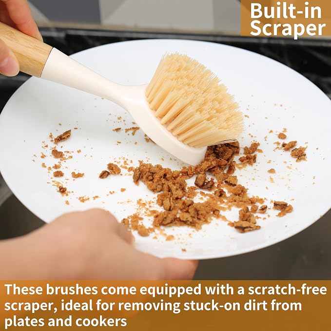 2 Pack Kitchen Dish Brush Bamboo Handle Dish Scrubber Built-in Scraper - Image 5