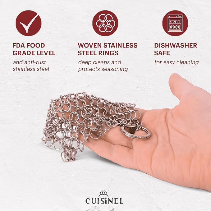 Cuisinel Cast Iron Scrubber Cleaning Brush + Stainless Steel Chainmail + Pan - Image 6
