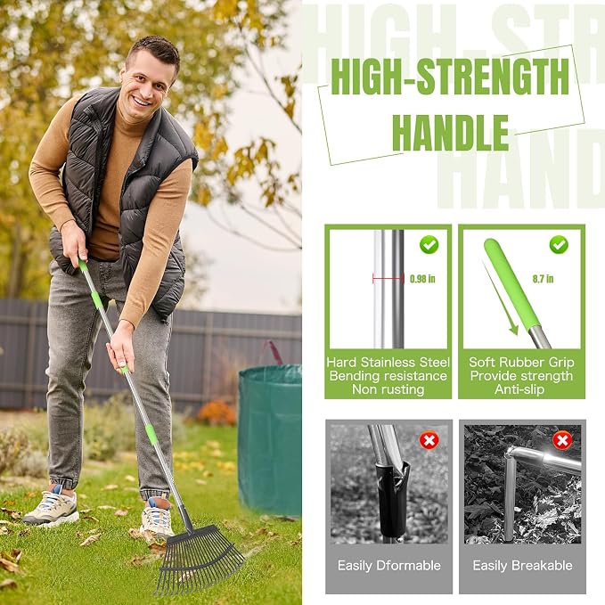 JOYHALO 65 Inch Rake for Leaves, 25 Tines Metal Leaf Rake Set - Image 5