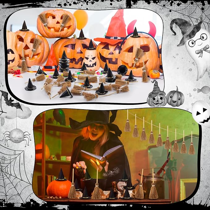 48 Pcs Mini Witch Hats and Broom - Image 4