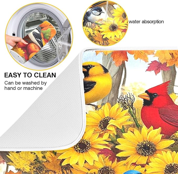 Fall Birds Dish Drying Mat for Kitchen Countertop 16x18 Autumn Pumpkin - Image 2