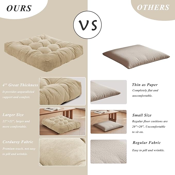 Meditation Floor Pillow 22×22 Inch 1 Pack Large Floor Cushions for Adults Square Tufted Corduroy Floor Pillows for Yoga Living Tatami Room Beige