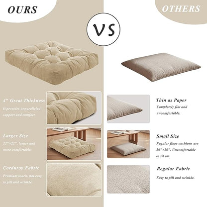 Meditation Floor Pillow 22×22 Inch 1 Pack Large Floor Cushions for Adults Square Tufted Corduroy Floor Pillows for Yoga Living Tatami Room Beige