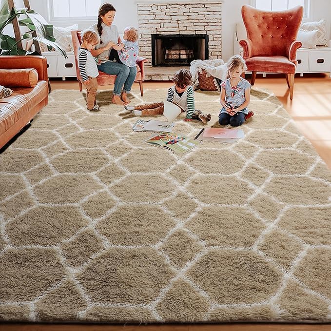 ONASAR Area Rugs for Bedroom Living Room, Washable 4x6 Fluffy Beige and White Throw Rug, Geometric Soft Shaggy Fuzzy Plush Indoor Floor Carpet for Kids Teen Nursery Dorm Office Home Decor Aesthetic