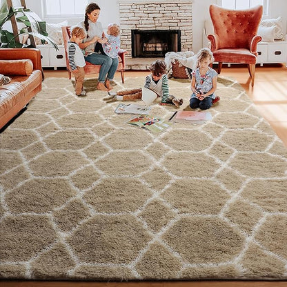 ONASAR Area Rugs for Bedroom Living Room, Washable 4x6 Fluffy Beige and White Throw Rug, Geometric Soft Shaggy Fuzzy Plush Indoor Floor Carpet for Kids Teen Nursery Dorm Office Home Decor Aesthetic