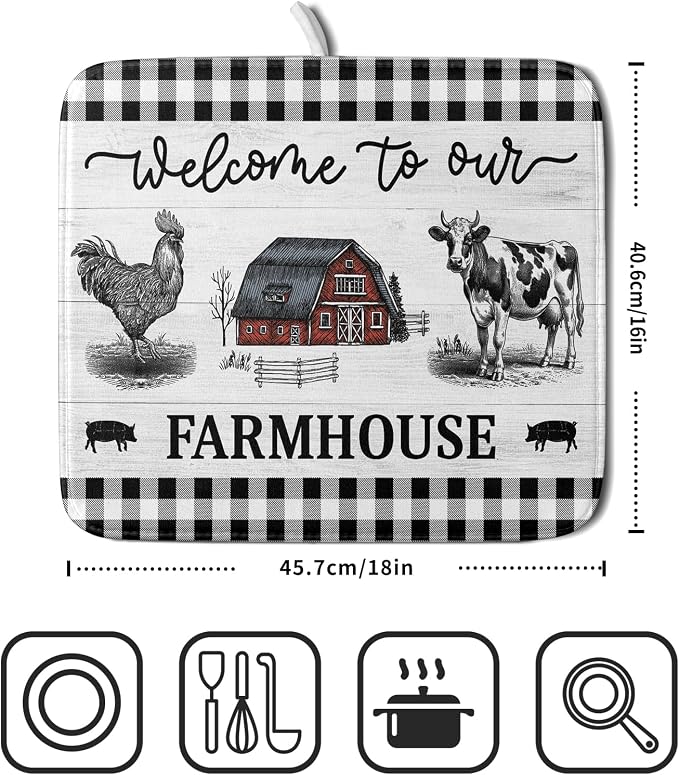 Farmhouse Barn Dish Drying Mat 16x18 Inch Cow Rooster Absorbent Microfiber Dish - Image 2