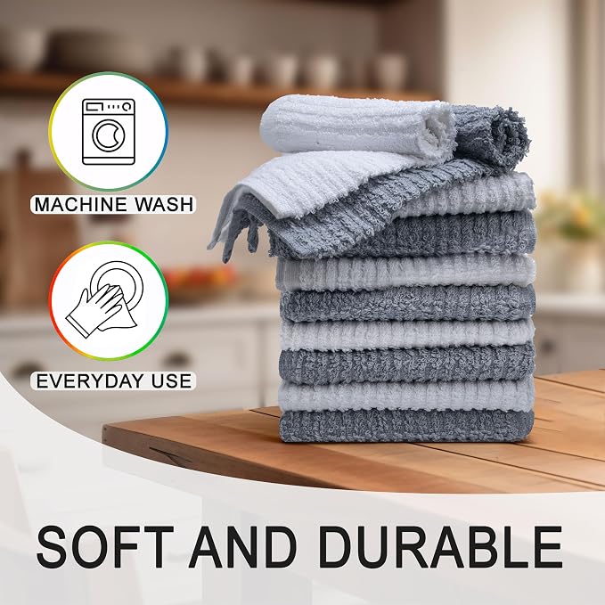 Textila Bar Mop Towels 12x12 Inch – White & Grey – Pack of 10 - Image 2