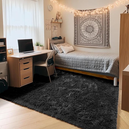 ONASAR Black Area Rugs for Bedroom Living Room, Fluffy Fuzzy Shaggy 4x6 Bedside Rug, Washable Soft Plush Modern Indoor Floor Carpet for Nursery Kids Girls Boys Teen Dorm Home Office Decor Aesthetic