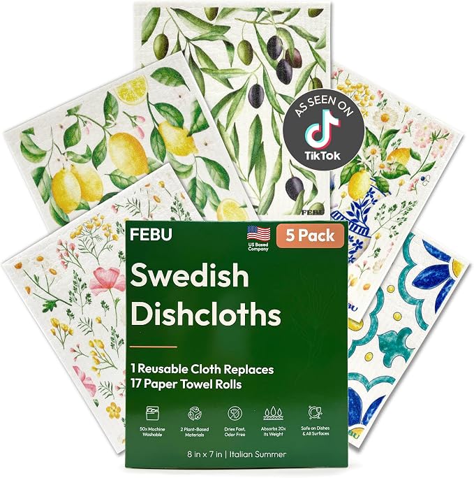 FEBU Swedish Dishcloths for Kitchen | 5 Pack Italian Summer Reusable Paper by FEBU