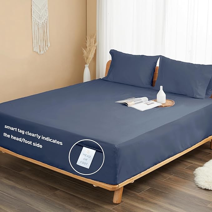 Sunflower Full Fitted Sheet, 1-Piece Extra Deep Pocket Fitted Bottom Sheet 22", 100% Cotton Sateen Soft Breathable, Blue Indigo