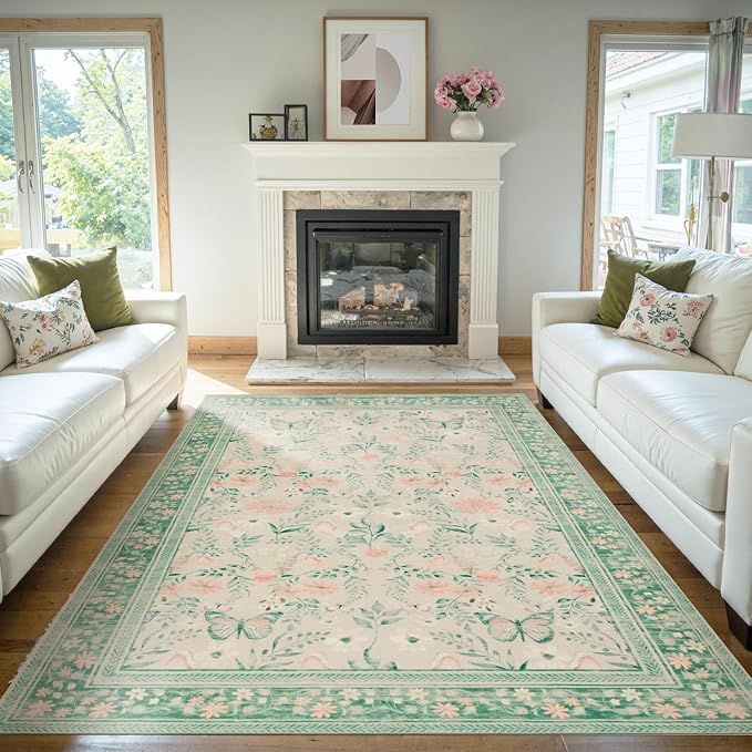 Floral Rug for Living Room Bedroom, 4x6 Washable Rug, Large Non Slip Low Pile by Rugxara
