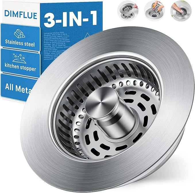 1S-Install Upgraded Kitchen Sink Strainer & Stopper – Pop-Up Fast Drain by Dimflue