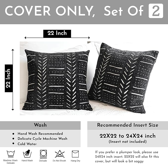 BlissBlush Black Decorative Throw Pillow Covers 22X22, Set of 2, Boho Farmhouse Cushion Cover, Cozy Soft Accent Pillowcase for Couch Sofa Bed Living Room Home Décor