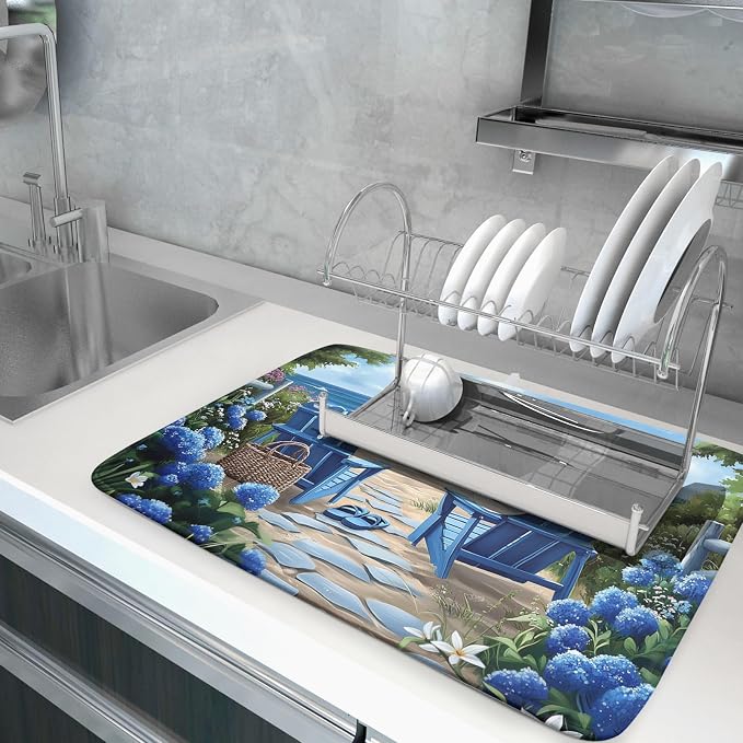 Summer Beach Chairs Dish Drying Mat Sea Wave Blue Floral Drying Mat fo Kitchen - Image 5