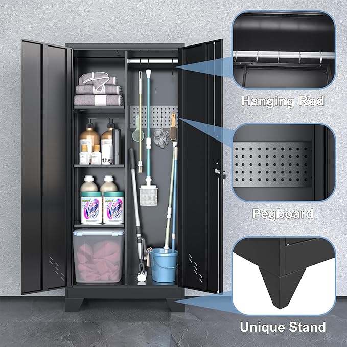 Metal Storage Cabinet with Locking Doors, Broom Closet, Freestanding Bathroom - Image 5