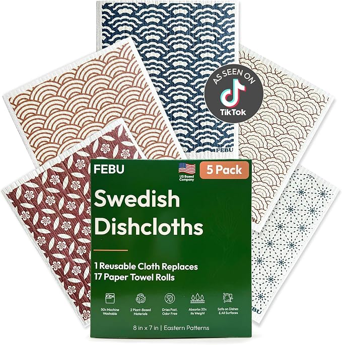 FEBU Swedish Dishcloths for Kitchen | 5 Pack Eastern Reusable Paper Towels by FEBU
