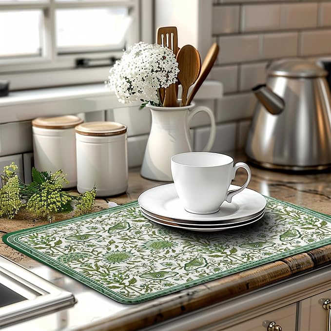 Green Floral Dish Drying Mat for Kitchen Counter 18x24 Inch Spring Summer - Image 6