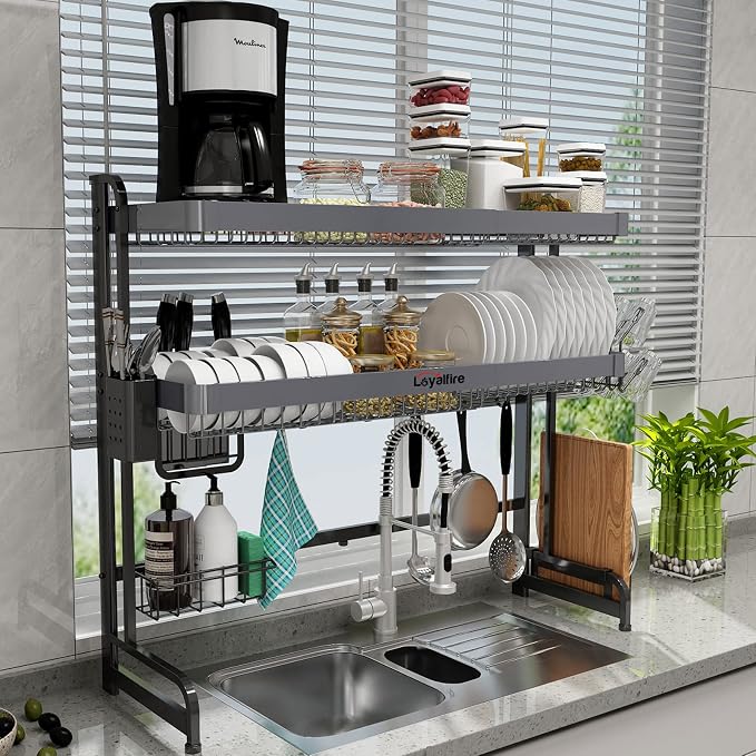 Over Sink Dish Drying Rack, 3 Tier Adjustable Length Stainless Steel Large by Loyalfire