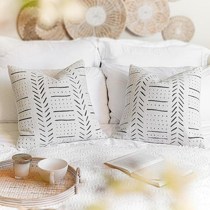 BlissBlush Off White Decorative Throw Pillow Covers 20X20, Set of 2, Boho Farmhouse Square Cushion Cover, Cozy Soft Accent Pillowcase for Couch Sofa Bed Living Room Home Décor