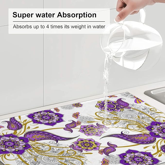 Purple Flower Kitchen Drying Mat Boho Floral Microfiber Dish Drainer Mat - Image 4