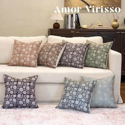 Amor Virisso Floral Throw Pillow Covers 18x18 Block Print Pillow Covers Vintage Neutral Couch Pillows for Living Room Farmhouse Decorative Accent Sofa Pillows, Brownish Orange
