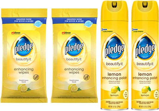 Pledge Multi-Surface Cleaner Spray and Wipes Bundle, Works on Leather, Lemon by Pledge
