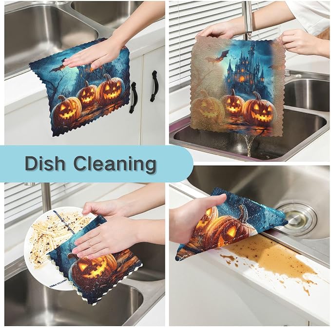 ALAZA Kitchen Towels Halloween Pumpkins Castle Flying Bat Dish Towels - Image 2