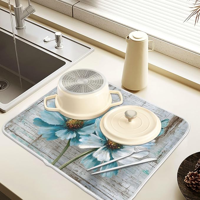 Rustic Teal White Daisy on Vintage Wooden Dish Drying Mat - Image 5