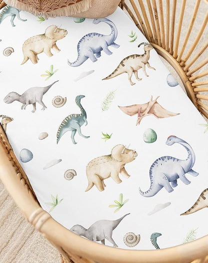 Bassinet Sheets for Baby Girls Boys 2 Pack, Fitted Baby Mattress Sheet for Rectangle, Oval, Hourglass Bassinet Mattress, Breathable Cozy & Universal Fit (Dino Pals)
